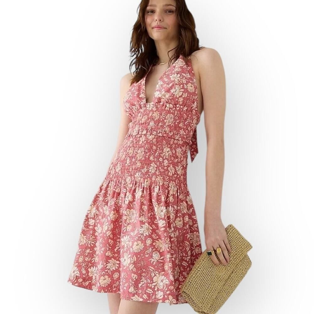 J.Crew Mini Dress Women's Large Pink White Floral Smocked Halter Ruffle V-Neck